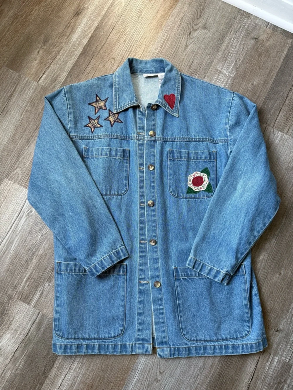 VTG CABIN CREEK Embroidered Denim Button Down Bird Retro Funky Multi Color M - Picture 4 of 6